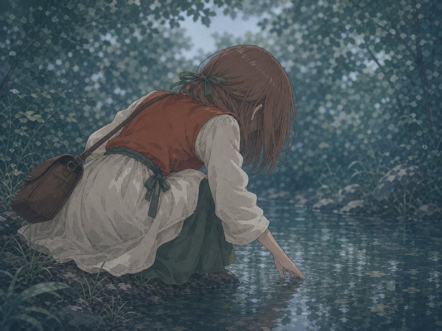 水辺のほとり。やわらかく笑う