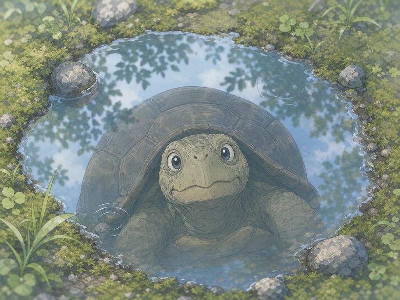 水たまりに映った亀の顔